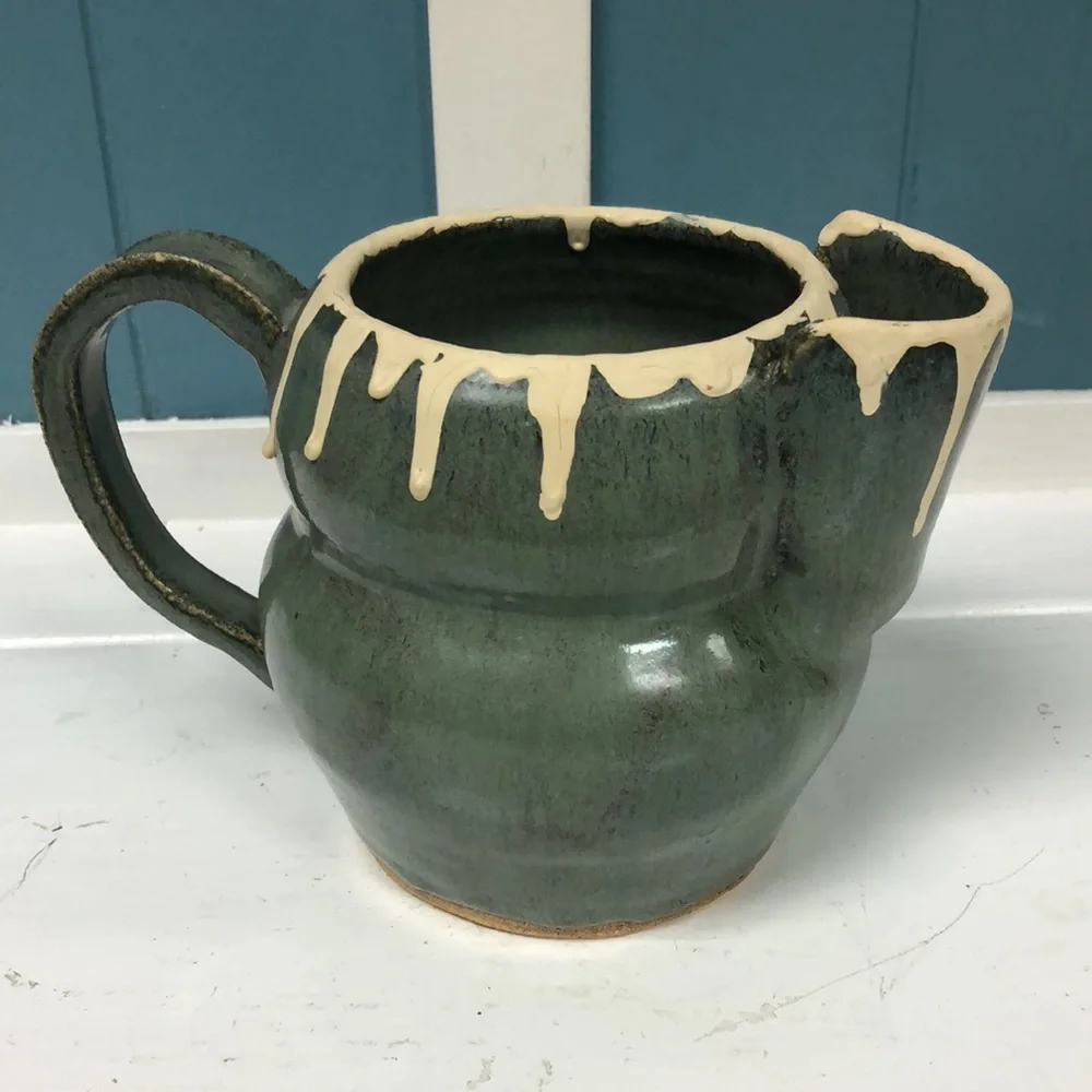 Vintage 5” handmade drip glaze heavy‎ stoneware creamer mug signed